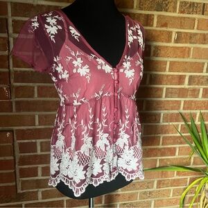 Abercrombie & Fitch Women S Embroidered Sheer Lace Overlay Babydoll Top Pink